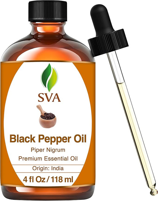 SVA Black Pepper Essential Oil – 4 Fl Oz – 100% Natural Black Pepper Oil - for Diffuser, Hair Care, Face, Skin Care, Aromatherapy, Scalp and Body Massage, Soap and Candle Making – with Dropper