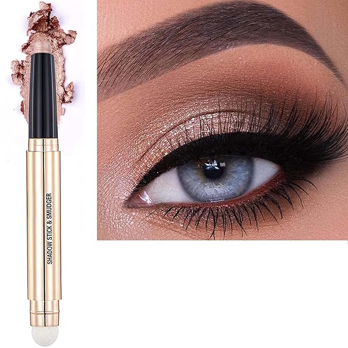 Warm gold Eyeshadow Stick And Sponge Makeup Brush, Smooth Cream Shimmer Shadow Pencil Long Lasting Waterproof Eye Shadow Highlighter, Hypoallergenic Highlighter Multi-Dimensional Eyes Look 03