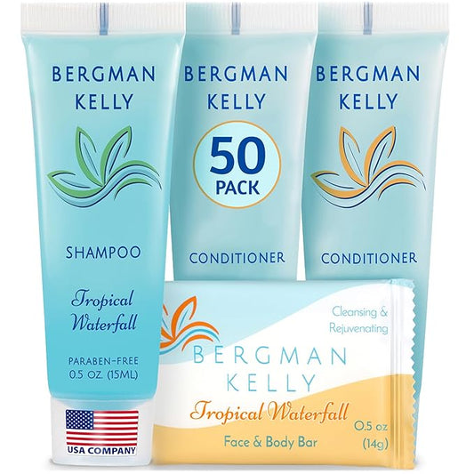 BERGMAN KELLY Rectangular Hotel Soap Bars, Shampoo & Conditioner 3-Pc Set (0.5 oz each, 150 pc, Tropical Waterfall), Delight Guests with Invigorating & Refreshing Bulk Travel Size Hotel Toiletries