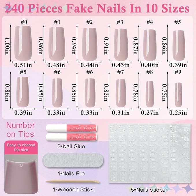 LuckForever 240pc Square Press on Nails Long Fake Nails Glue Press on Nails Square Nail Tips Full Cover Nude Tan Acrylic Nails Press ons Nail False Fingernail with Glue Adhesive Tabs for Women Girls