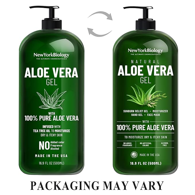 New York Biology Aloe Vera Gel for Face, Skin and Hair - Infused with Tea Tree Oil - From Fresh Aloe Vera Plant - Moisturizing Aloe Vera for Sunburn Relief and Dry Skin - 16.9 Fl Oz