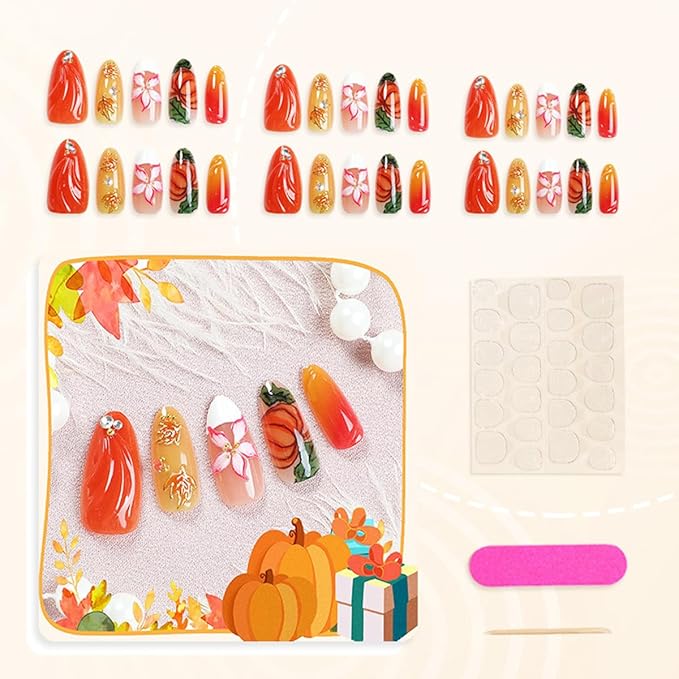 30Pcs Fall Press on Nails Almond Medium Maple Leaf Fake Nails with 3D Flower Pumpkin Designs Autumn Thanksgiving Maple Leaves Nail Tips Gold Bead Rhinestone Full Cover Acrylic Stick on Nails for Women