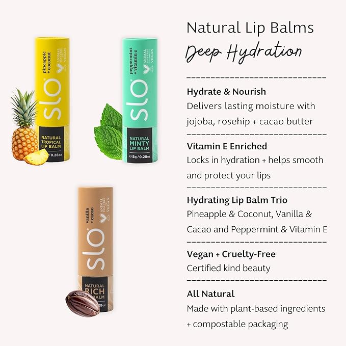 Slo | Natural Lip Balm - All Natural Ingredients, Vegan & Cruelty Free, Hydrating & Soothing, Plastic Free | Pina Colada + Zinc & Peppermint + Vitamin E & Vanilla + Cacao - 3 Pack (3 x 0.28oz/8g)