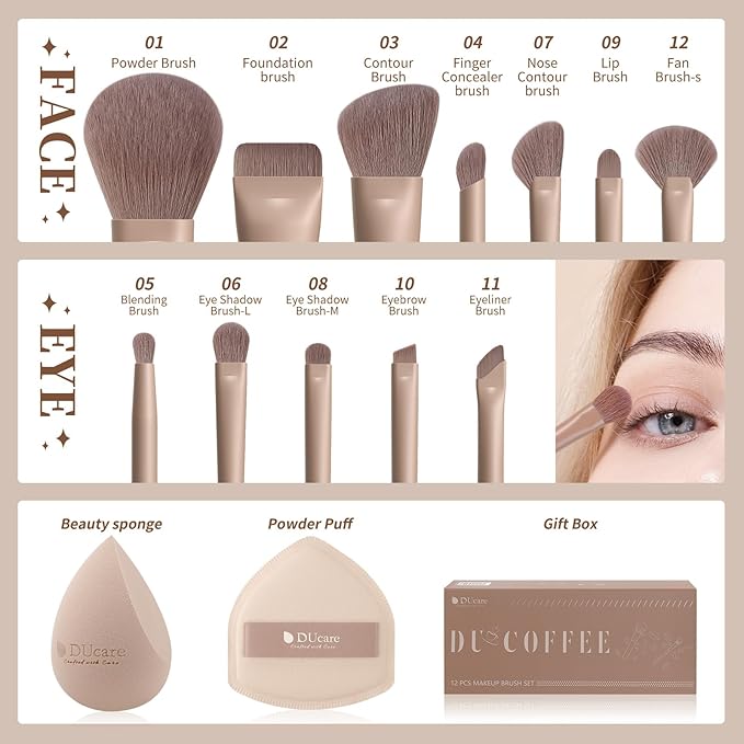 DUcare Christmas Makeup Brushes Set 12Pcs Coffee Series Makeup Brush set with Makeup Sponges Foundation Blending Face Powder Blush Eye Shadows Brushes