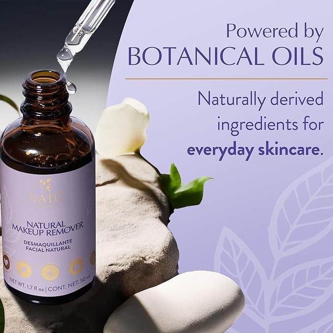 NATÚ BOTANICALS Natural Makeup Remover Oil – Non-Greasy Gentle Cleanser, Lip & Eye Makeup Remover - Nourishing & Hydrating Cleansing Oil for Face Leaving Skin Soft & Radiant - Clean & Natural