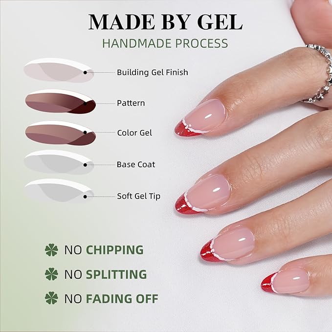 Red French Tip Press On Nails Twinkle Short Almond Glitter Red French Tip Nails with a Glossy Finish, Press On Nails Reusable Stick On Nails in 16 Sizes, 32pcs False Nail Kit for Women & Girls