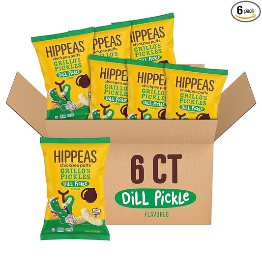 Hippeas Chickpea Puffs, Grillo's Dill Pickle, 3.75 Ounce (Pack of 6), 3g Protein, 2g Fiber, Vegan, Gluten-Free, Crunchy, Plant Protein Snacks
