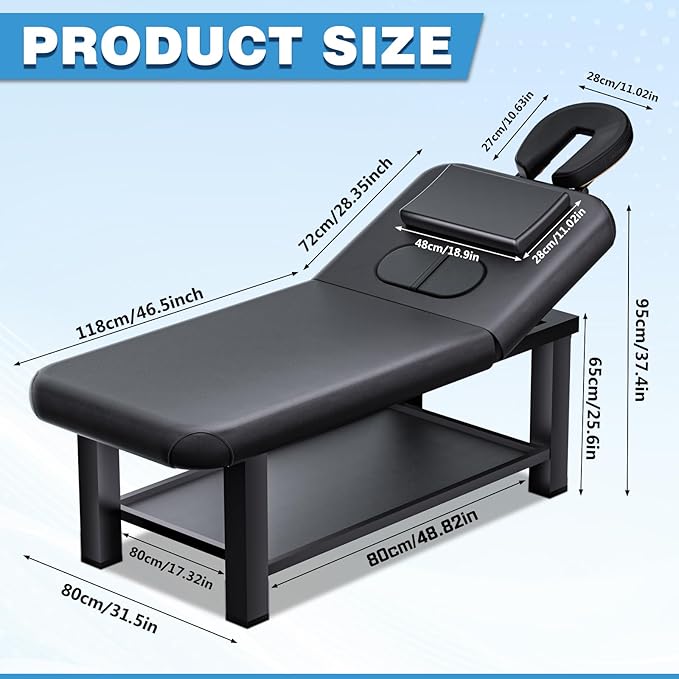 Adjustable Backrest Massage Table for Esthetician, Heavy Duty Professional Massage Bed with Steel Base for Spa Treatment, Salon, Physical Therapy, Facial, Tattoo and Beauty (Black, 74.8"*31.5"*25.6")