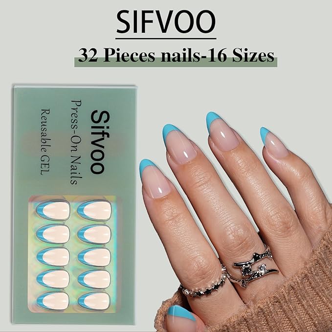 French Tip Press on Nails, Short Press on Nails Almond Reusable Glossy Blue Nails Soft Gel False Nails Press ons for Women, 16 Sizes 32 Count Nails Kit with Glue (SV-011)