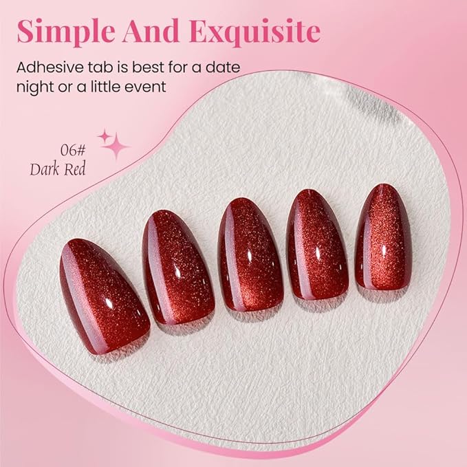 evpct Dark Red Press on Nails Almond Short, Dark Cherry Red Cat Eye Glitter Press on Nails for Women Gift, Soft Gel Press Glue On Nail with Nail Glue, Full Cover, 30Pcs Reusable Acrylic Fake Nails Kit