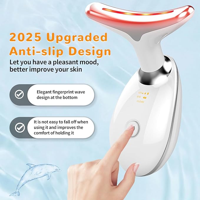 Facial Beauty Device, Face Massager Tool for Skin Care, Based on Triple Action LED, Thermal, and Vibration, Red and Blue LED Light, 7 Color Led Face and Neck Massager for Home Use (Glossy White)