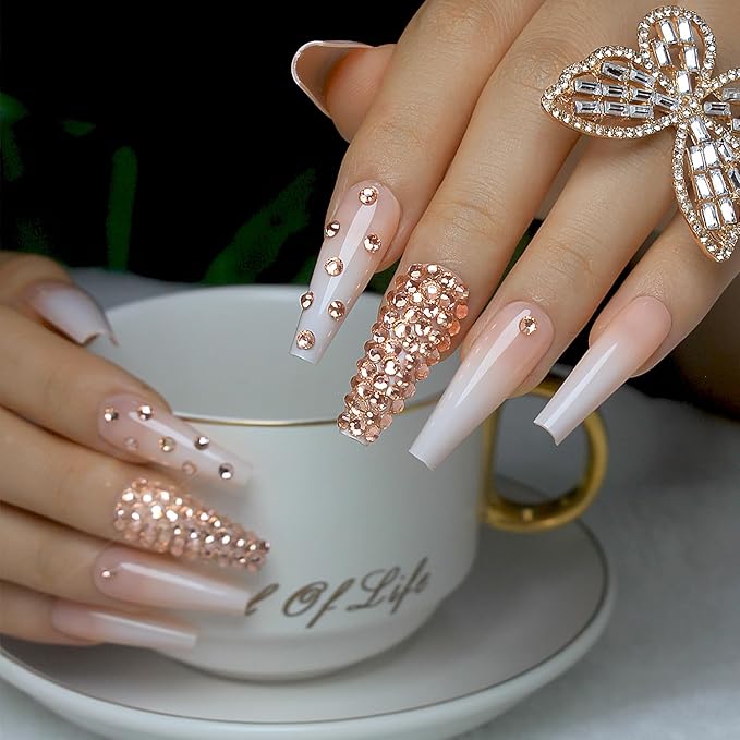 Yivaiks Ballerina 24pcs Press-on Nails Kit, Acrylic False Nails with Rhinestones Design, 12 Sizes for Women, Glossy Artificial Nails for Special Occasions and Daily Use