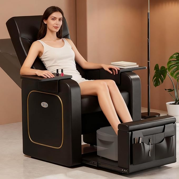 VARONXE Electric Reclining Pedicure Chair No Plumbing for Foot Spa, Profesional Pedicure Stand with Tool Pouch for Nail Teach, Ergonomic Pedi Sofa with Sliding Tray for Small Spaces, Black