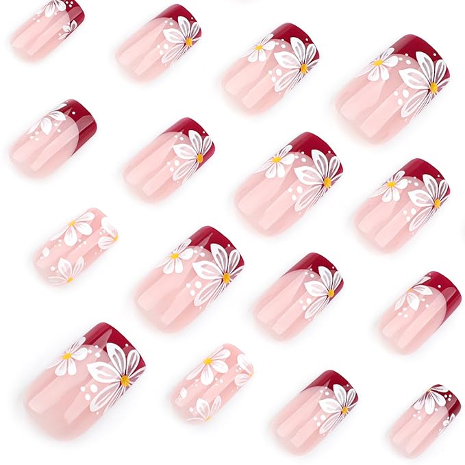 Red French Tip Press On Nails Spring Summer Acrylic Nails for Women - White Flower Designer Fake Nails Short Square 24Pcs, Outing/Party Reusable Glue On Stick On Nail Gift For Women