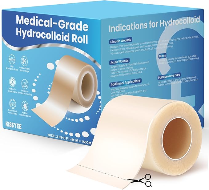 Hydrocolloid Roll for Wound Care, 2in x 5ft Extra Large Hydrocolloid Bandages with Self-Adhesive, Cut-to-Size, Ultra Absorbent, Flexible & Waterproof for Burn, Blister, Acne Care