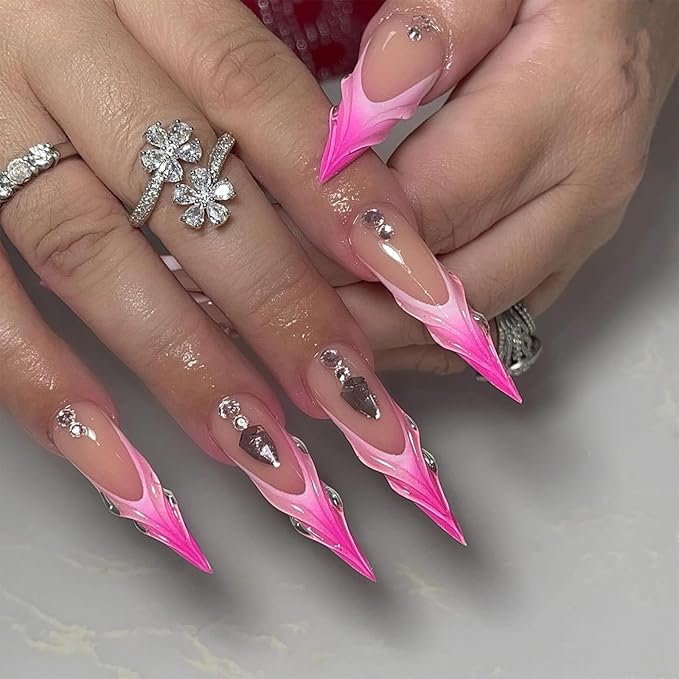 IMRAIN Press on Nails Long Stiletto Fake Nails Pink Gradient 3D Wave French Tips False Nails with Rhinestone Designs Full Cover Handmade Artificial Glossy Glue Stick on Acrylic Nails for Women 24Pcs
