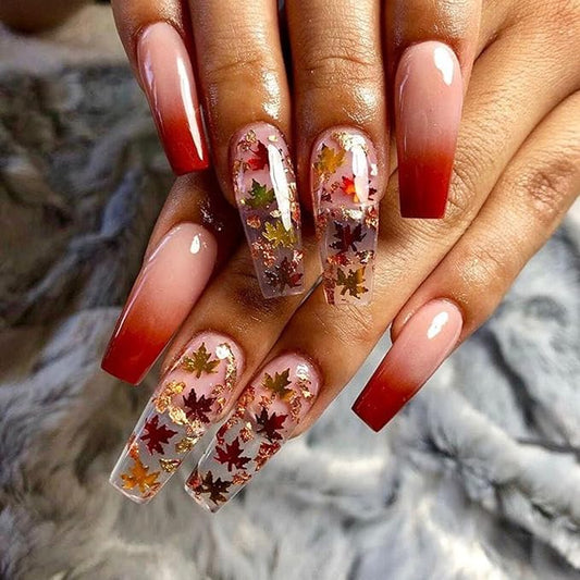24Pcs Maple Leaves Press on Nails Medium Fake Nails Fall Glue on Nail Clear Gradient French Acrylic Artificial Nails Full Cover Autumn Maple Leaf Stick on Nails for Women Nail Art Decorations