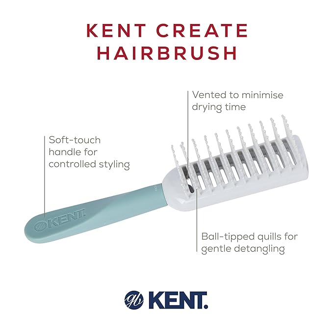 Kent KCR3 "Create" Tunnel Vented Hair Brush for Blowdrying, Creating Root Lift, and Volume in All Hair Types - Vent Brush with Green Ergonomic Handle and Soft Ball Tipped Bristles for Pain Free Use