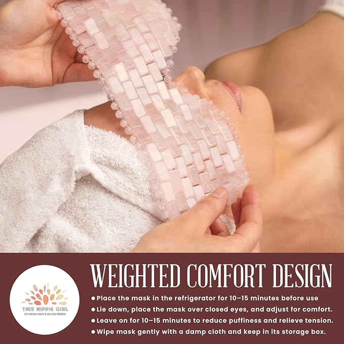 Rose Quartz Eye Mask by This Hippie Girl, Handcrafted Crystal Cut, Depuff for Puffy Eyes, Relieve Stress, The Cold-to-The-Touch Rose Quartz is Weighted for Comfort, Eye Mask for Facial