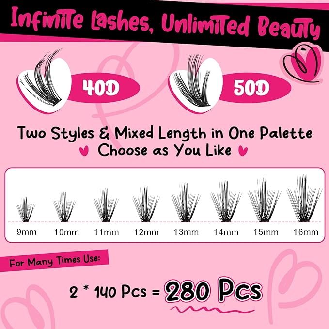Lash Clusters Kit 280pcs Lash Clusters D Curl Eyelash Extension Kit Individual Lashes with Lash Bond and Seal Lash Remover Lash Applicator Easy to Apply at Home(40D+50D-9-16mix Kit)