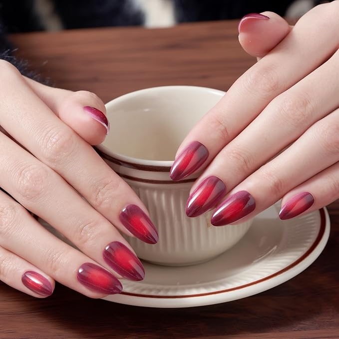 Wooyas Press on Nails Almond, Ombre Red Short Stiletto Glossy False Nails,Reusable Salon Perfect Fake Nail Kit in 12 Sizes - 24 Pcs Soft Gel Glue On Nails Kit for Women Gift