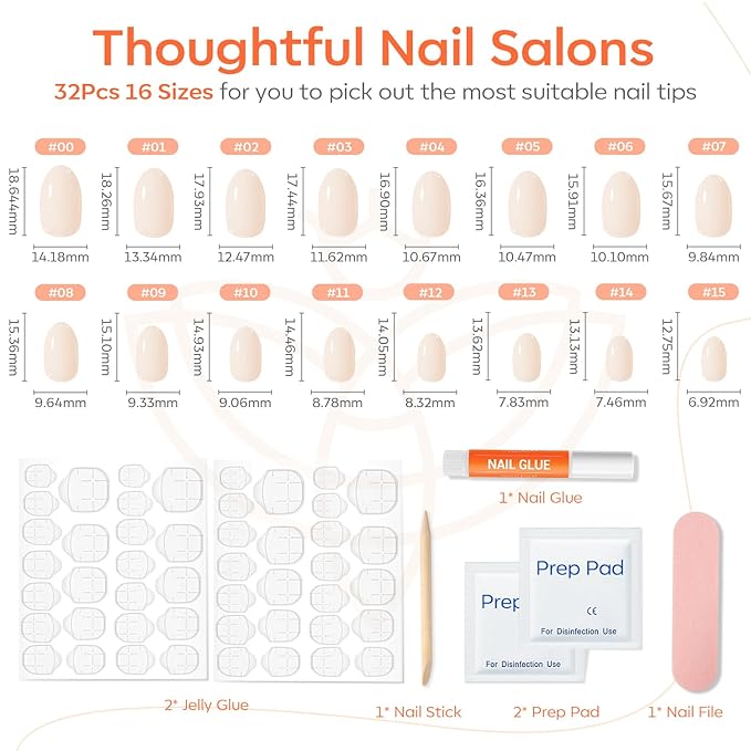 modelones Short Press on Nails, Oval Fake Nails Kit Press Ons with Nail Glue, Adhesive Tabs, Nail File, Prep Pad, Manicure Stick, 32Pcs 16 Sizes, White, Christmas