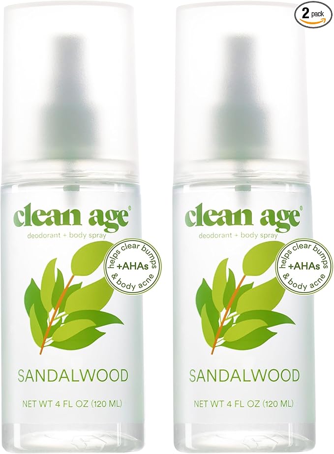 Aluminum Free Deodorant & Body Spray for Whole Body - Sandalwood 4oz (2 Pack) Clean Deodorant and Body Spray for Teen Boys and Girls - With AHA For Body Acne-Body Spray for Teens Formula