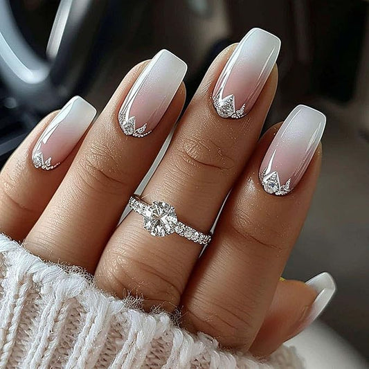 24pcs Short Press-on Nails Square False Nails with Geometric Design, Glitter Gradient Artificial Nails