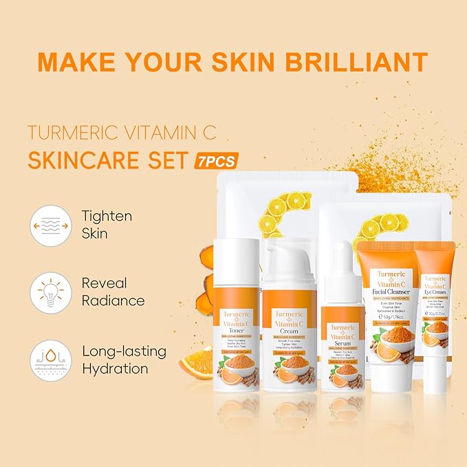 7PCS Turmeric Skin Care Set, Facial Skin Care Products Even Skin Tone, Turmeric Face Wash, Toner, Serum, Eye Cream, Face Cream, Face Mask, Smooth Glowing Travel Skincare Set for Women Girls