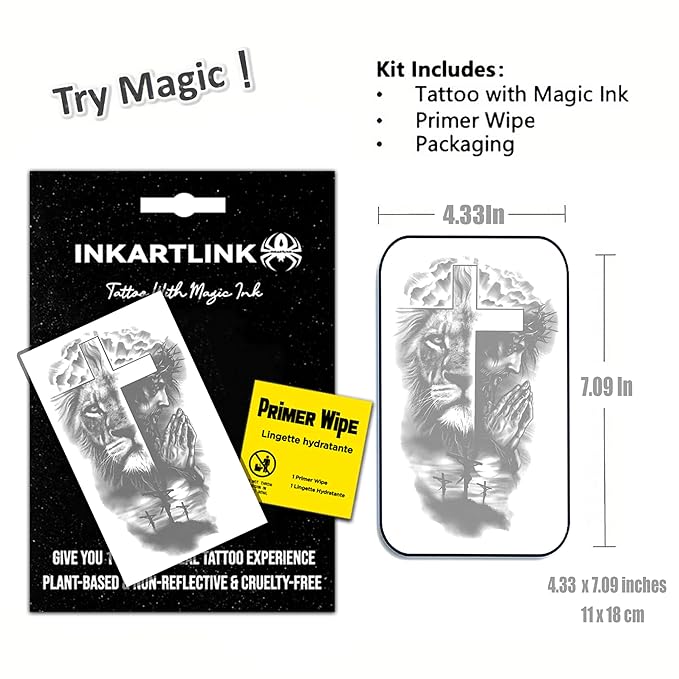 INKARTLINK Semi-Permanent Tattoos, religious large temporary hand tattoos for cool men and women, realistic, waterproof and cruelty-free (lion, Jesus cross)