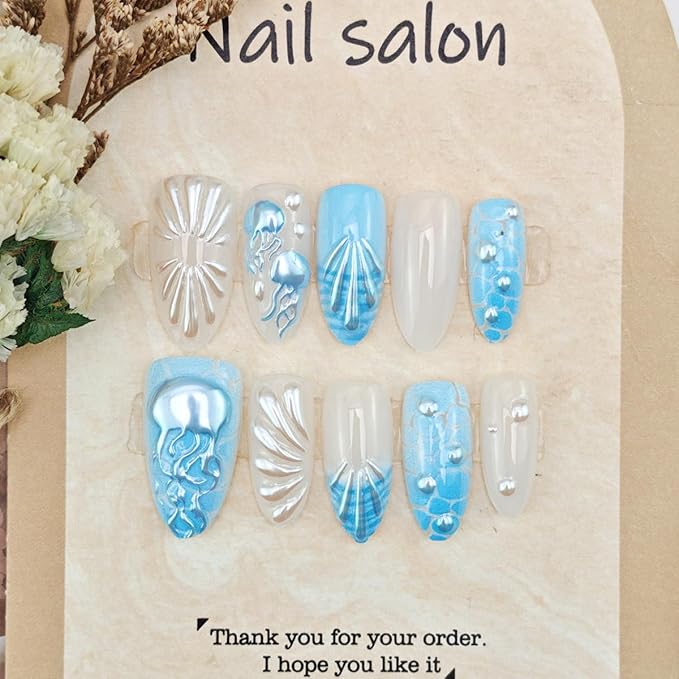 30Pcs Summer Beach Press on Nails Medium Almond Fake Nails 3D Blue Jellyfish with Rhinestones Glitter Designs Full Cover French Tip Stick on Nails Ocean False Nails for Women Girls Acrylic Nail Art