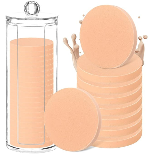 Dandat 20 Pcs Round Makeup Sponge with Acrylic Container Compact Powder Puff Cosmetic Sponge Round Foam Pad Beauty Face Makeup Foundation Powder Blender for Wet and Dry Dual Use(Skin Color)