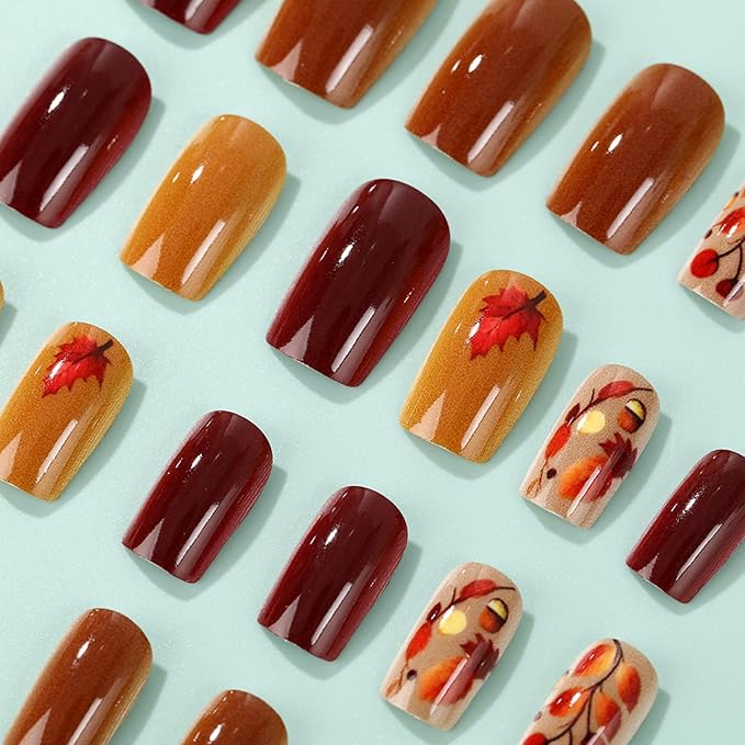 Medium Press on Nails Square Fake Nails with Maple Acorns Design Thanksgiving False Nails Fall Acrylic Nail Kit Stick on Fingernails Autumn Brown Gel Glue on Nail for Women Manicure