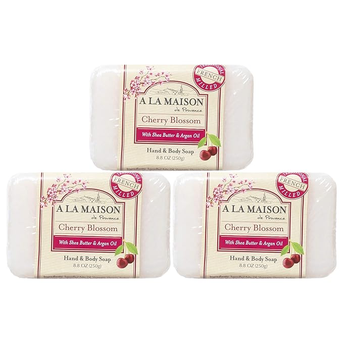 A LA MAISON Cherry Blossom Bar Soap - Triple French Milled Natural Moisturizing Hand Soap Bar (3 Bars of Soap, 8.8 oz)