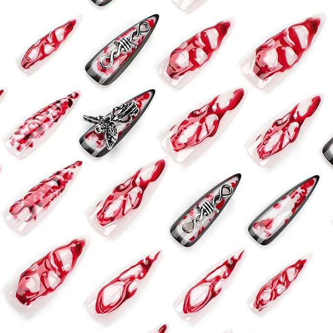 IMRAIN Press on Nails Long Stiletto Fake Nails 3D Red Ombre & Metal Angel Charms Designs Full Cover Glossy Nude Glue on Nails Halloween Artificial Reusable False Nails for Women 24Pcs