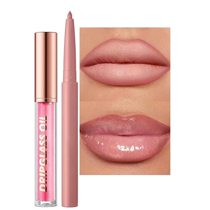 Pink Lip Liner Waterproof Lip Liner and Gloss Set High Pigment Long Lasting Plum Smudge proof Lip Gloss and Lip Liner Set (01# Light Pink)