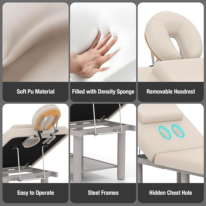 Professional Massage Table – Heavy Duty Adjustable Spa Bed with Open Face Hole & Headrest – PU Leather, Sturdy Metal Frame for Physical Therapy, Tattoo, Salon & Massage, Gray