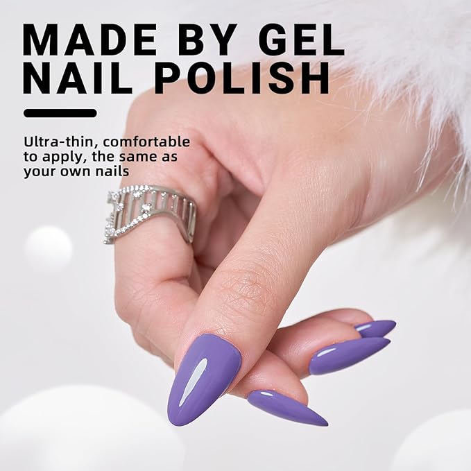 Wooyas Press on Nails Almond，Reusable Handmade Gel Fake Nails Medium Glossy ，Lightweight Natural Fake Nail in 12 Sizes - 24 Pcs Soft Gel Glue On Nails Kit，Lavender Purple Color