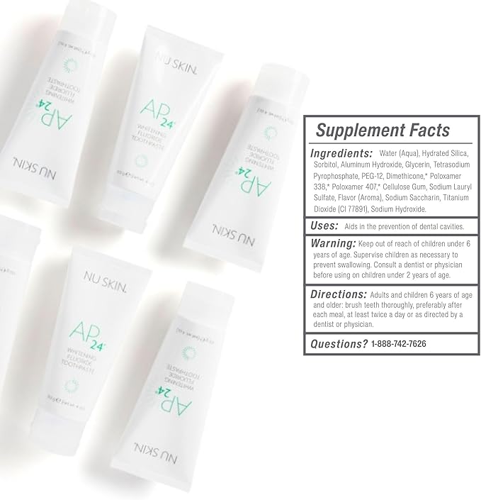 Nu Skin AP 24 Whitening Fluoride - Free Toothpaste | AP 24 Blend | Vanilla Mint Flavor | Brightens Teeth | Removes Surface Stains | Prevents Dental Cavities & Plaque | Enamel-Safe | 4 oz | 3 Pack