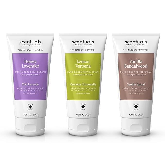 Hand Cream Set of 3, with Shea Butter, Cocoa Butter, Argan & Almond oil, Moisturizing Dry Hands, (Lemon Verbena, Honey Lavender, Vanilla Sandalwood) 60 ml (2 fl.oz. x 3)
