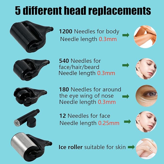 5 in 1 Derma Roller Kit with 0.3mm Microneedle Roller & Ice Roller for Face & Body/Beard & Hair, At-Home Beauty Tool Set