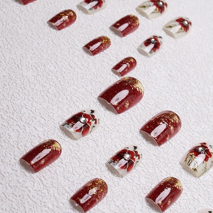 Flower Press on Nails Medium Square Fake Nails Red Floral Rhinestones with Gold Edge Design Coffin False Nails Glitter Stick on Nail Spring Summer Acrylic Glue on Nail for Women Decor Manicure