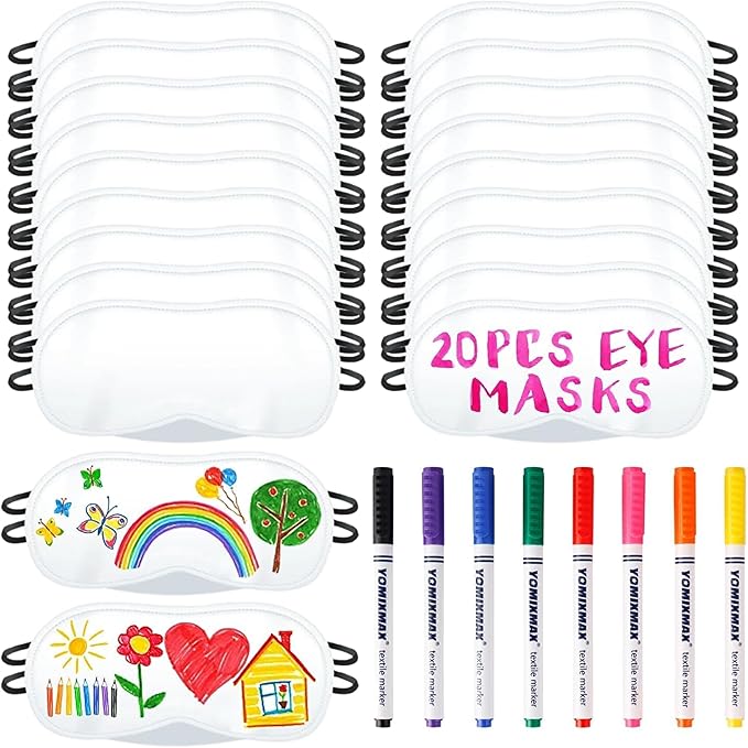 20 PCS Eye Mask Sleepover Party Supplies, Slumber Party Favors for Girls Pajama Party Decorations Sleep White Soft Shade Blindfold Eye Covering, Color the Bulk Game Stuff with 8 PCS Fabric Marker Pens