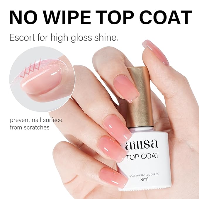 AILLSA Gel Nail Kit Short Square Nail Tips 240pcs with 2 In 1 Nail Glue Base Coat and Nail Dehydrator, Gel Manicure Full Nail Kit with Nail Lamp Top Coat for Starters Home Salon