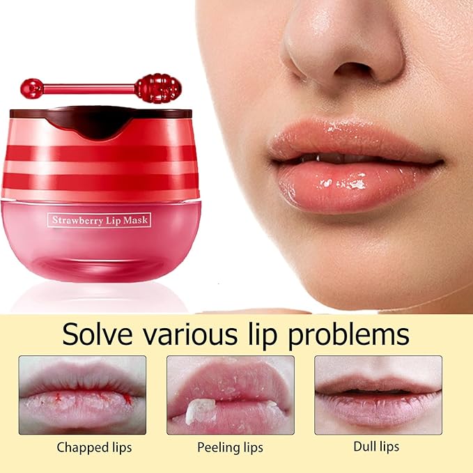 2 Pcs Lip Balm Honey Pot, Honey & Strawberry Moisturizing Lip Mask Reduces Lip Lines and Exfoliator, Prevention Dry & Cracked Lip. (Honey & Strawberry)