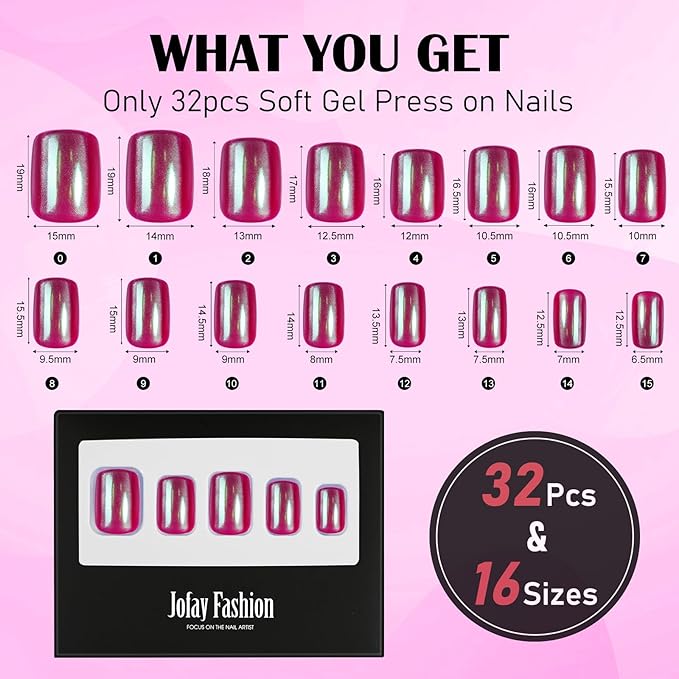 Jofay Fashion Press On Nails - Christmas Short Square Chrome Red for Gifts, Stick On Nails with Glue, Glossy Reusable Tips in 16 Sizes - 32 Soft Gel Fake Nails Kit