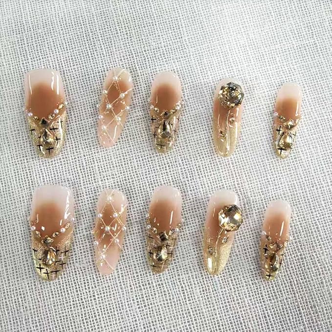 Handmade Press on Nails Long Stiletto Fake Nails French Tip with 3D luxury Rhinestones Designs Gold Glitter Cute Acrylic Nails for Women 10pcs (Size M）