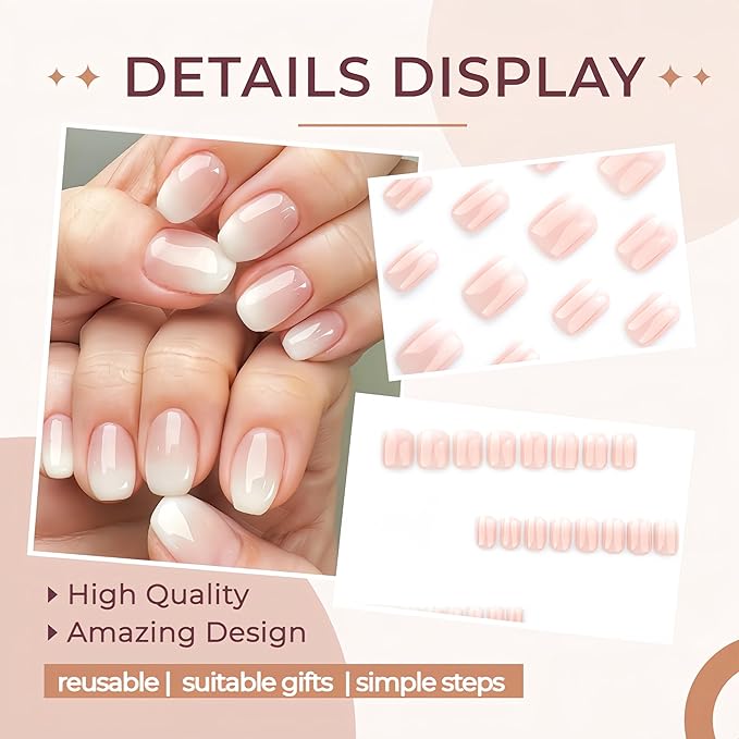 24 Pcs Gradient Pink White Press on Nails Short Square Shaped False Nails Full Cover Acrylic Nails Press ons Artificial Nails Cute Glue on Nails Pure Color Stick on Nail for Women Manicure Decoration