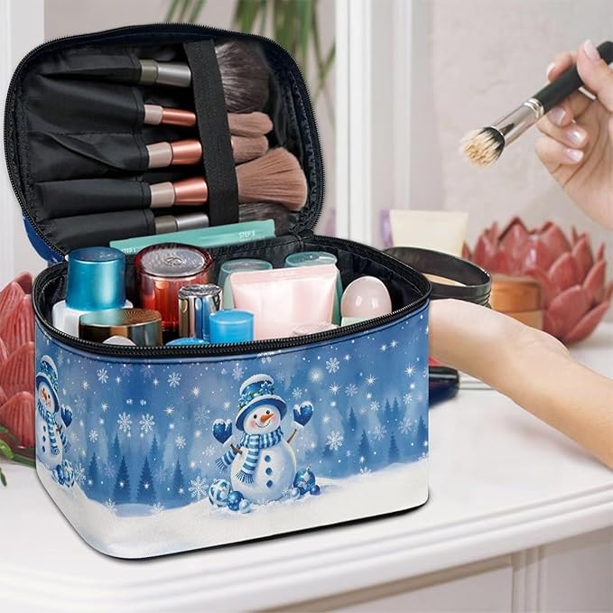 Cute Snowman Travel Makeup Bags for Women Snowflake Print Portable Tote Cosmetic Case with Carry Handle Toiletry Accessories Storage Organizer Bags for Christmas, Blue