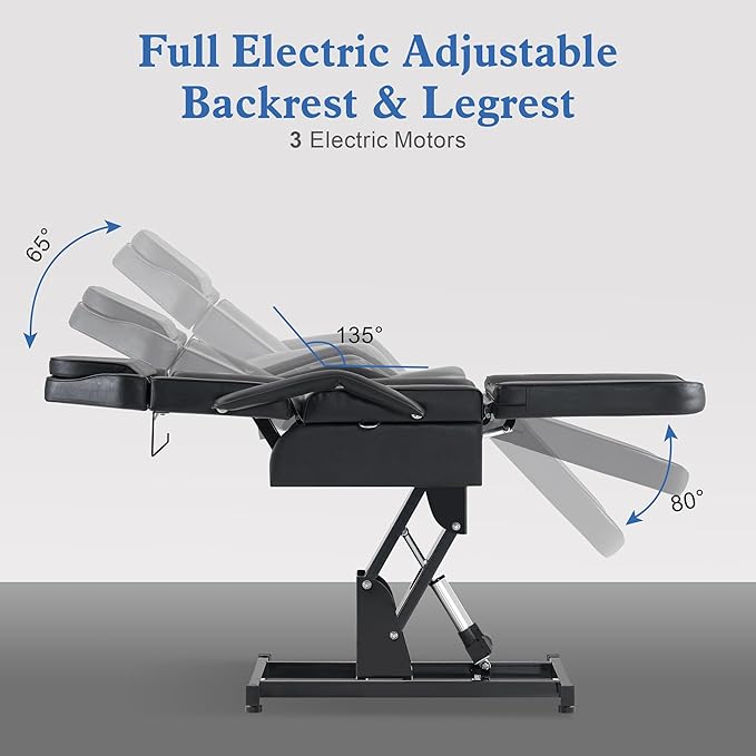 BarberPub Fully Electric Facial Bed with 3 Motor for Esthetician, Electric Tattoo Chair for Client, Facial Bed for Esthetician, Electric Adjustment 2751 (Black, Height (Flat): 24"–33")